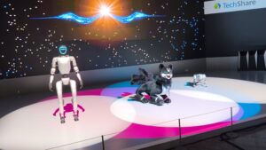 Seryjny humanoid Unitree G1, baza robota Edwarda Warchockiego, podczas pokazu na scenie
