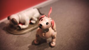 Inteligentny pies robot Sony Aibo w różowej wersji na wykładzinie, za nim drugi Aibo na stacji ładującej