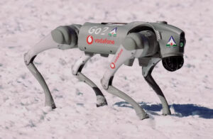 Robot pies Unitree Go2 górskiego pogotowia Salvamont na śniegu